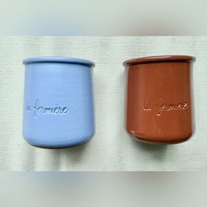 TWO GLAZED LA FERMIERE MULTI-PURPOSE POTS - BROWN & BLUE- CANDLES PLANTS CUSTARD